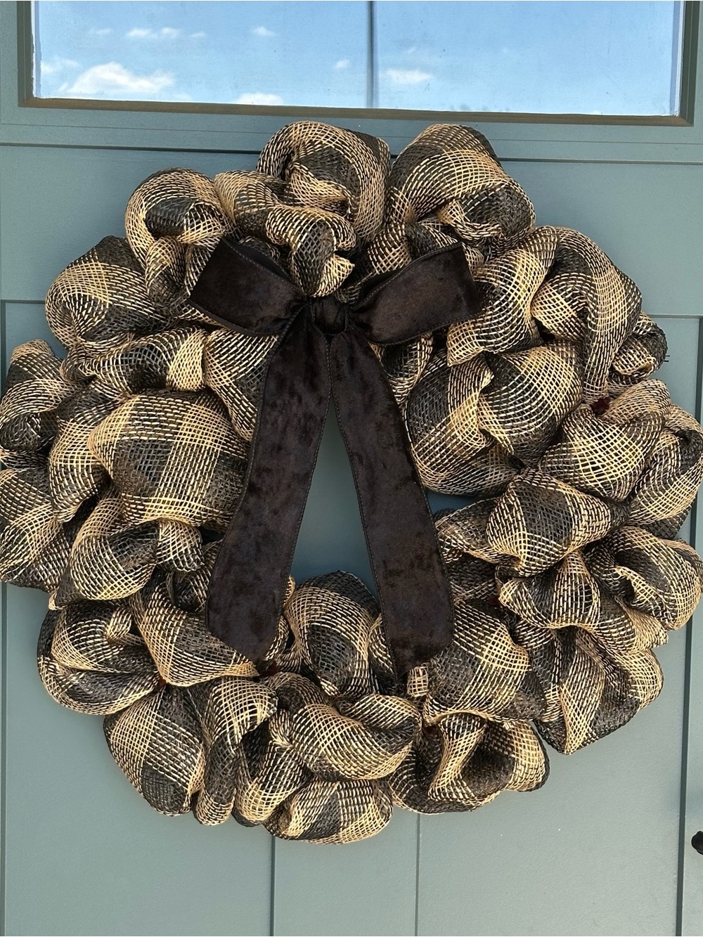 Black and Natural Buffalo Check Deco Mesh Wreath with Velvet Bow
